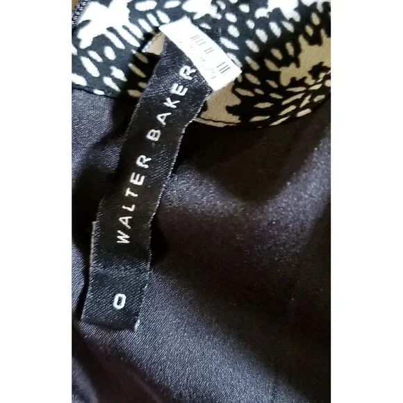Walter Baker Dress 0 Black/Tan Print Soft Pleats Ruffled Lined Bodice Sheer Arms - Picture 5 of 8